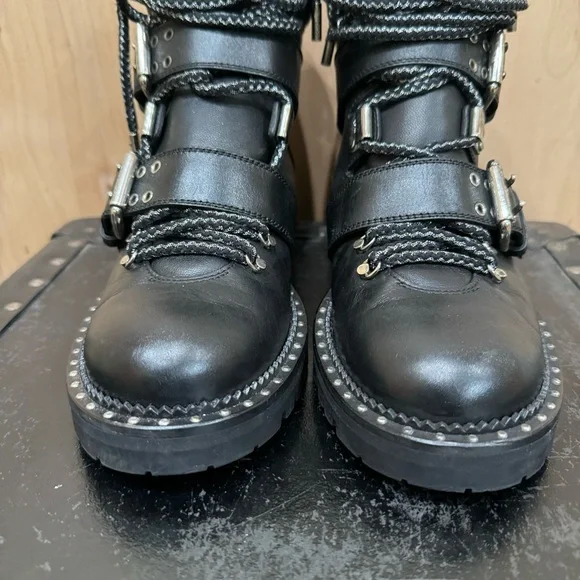 Jimmy Choo Calfskin Breeze Biker Combat Boots Sz 37.5 Black Moto Buckle Studded - Picture 6 of 16
